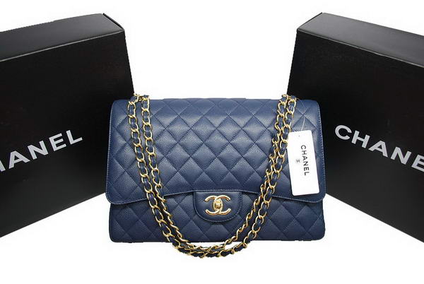 AAA Chanel Maxi Double Flaps Bag A36098 Blue Original Caviar Leather Gold Online